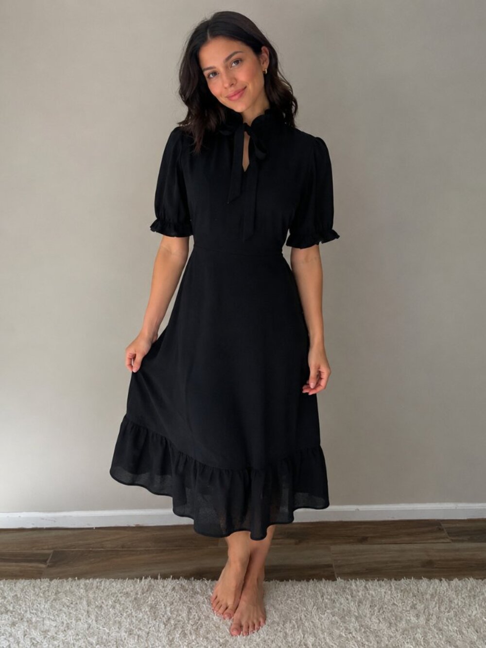 Monteau Los Angeles Black Puff Sleeve Ruffle Midi Dress (Size S)